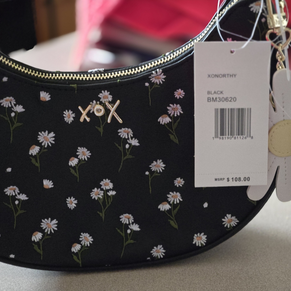 Betsey Johnson Black Daisy Print Shoulder Bag with Flower Charm - Picture 2 of 5